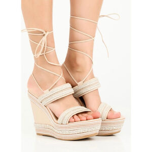 STUART WEITZMEN | NWOT Beige & Silver Espadrille Wedge Sandals Size 7